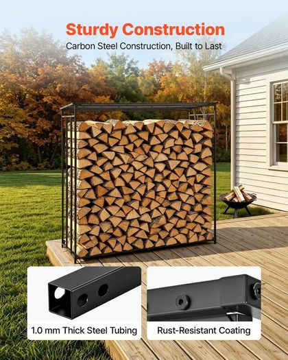 6FT Heavy Duty Firewood Rack 3/8 Cord Outdoor Log Holder, 730kg Capacity, Black Carbon Steel Wood Storage Stand