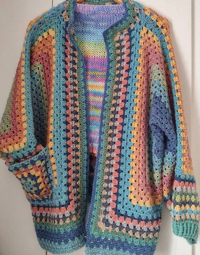 Crocheted colourful hexagon jacket