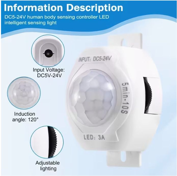 1pc DC5V-24V Night Motion Sensor Adjustable PIR Switch Infrared Detector Adjustable Timer Delay Switch for Lighting