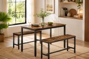 Industrial Dining Table Set with 2 Benches Kitchen Dining Set Rustic Breakfast Table for 4