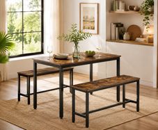 Industrial Dining Table Set with 2 Benches Kitchen Dining Set Rustic Breakfast Table for 4