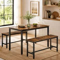 Industrial Dining Table Set with 2 Benches Kitchen Dining Set Rustic Breakfast Table for 4