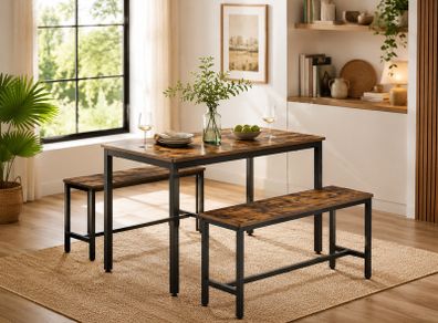 Industrial Dining Table Set with 2 Benches Kitchen Dining Set Rustic Breakfast Table for 4