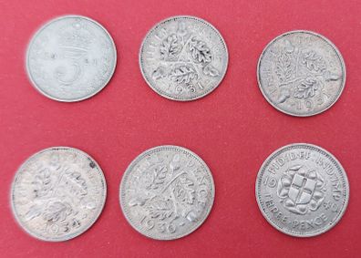 England 6 X 1920's 50% Silver Threeence Coins