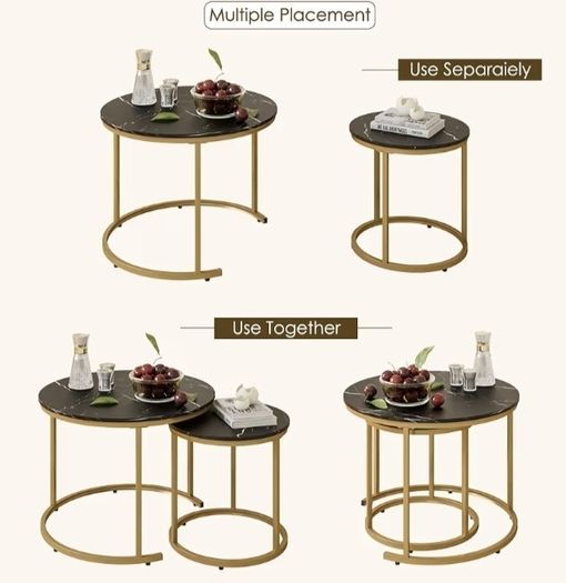 Set of 2 End Table, Nesting Tables with Gold Metal Frame Legs and Marble Black Top for Living Room, Bedroom, Office, Balcony, Apartment Black and Gold