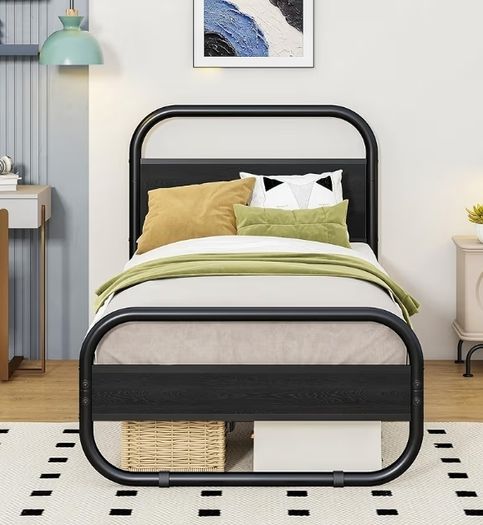 Single Bed Frame with Headboard, Black Single Bed 90x190 cm with Under-Bed Storage,Steel Slats Mattress Foundation Round Pipe Design,Black