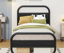 Single Bed Frame with Headboard, Black Single Bed 90x190 cm with Under-Bed Storage,Steel Slats Mattress Foundation Round Pipe Design,Black
