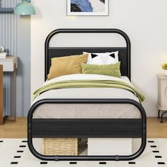 Single Bed Frame with Headboard, Black Single Bed 90x190 cm with Under-Bed Storage,Steel Slats Mattress Foundation Round Pipe Design,Black