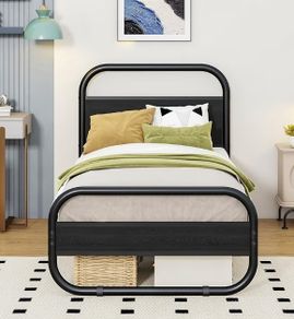 Single Bed Frame with Headboard, Black Single Bed 90x190 cm with Under-Bed Storage,Steel Slats Mattress Foundation Round Pipe Design,Black