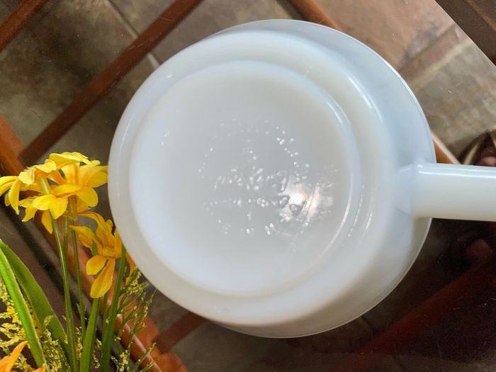 Vintage Mid Century Anchor Hocking Fire King Ovenproof Milk Glass Bowl with Handle 1960 1970s