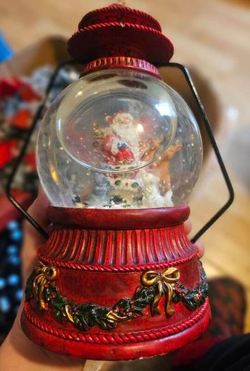 Box of Lovely Christmas Decorations and Santa Globe Lantern