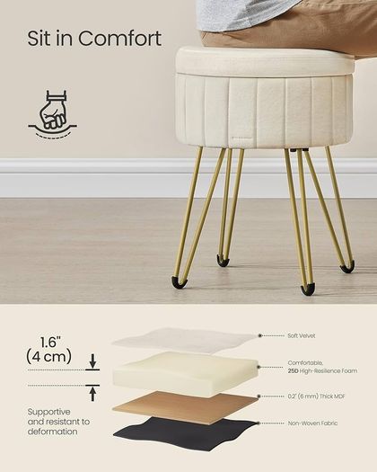 Velvet Dressing Table Stool, 39 x 44.4 cm (Dia. x H), Round Storage Stool Seat, 4 Metal Legs, for Dressing Room, Living Room, Bedroom, Cream White