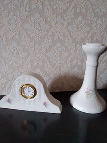 Irish Parian Donegal China "Rose" Mantle Clock and Candle Holder