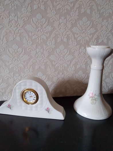 Irish Parian Donegal China "Rose" Mantle Clock and Candle Holder