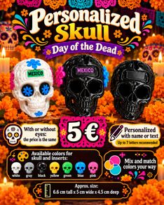 Personalised Dia de Muertos Skull, Custom Colours, Name