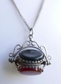 Victorian Sterling Silver 925 Triple Spinning Fob Pendant with  Chain (Onyx Agate Carnelian Spinning Fob) length 19" - 5g