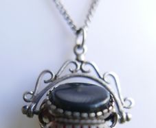 Victorian Sterling Silver 925 Triple Spinning Fob Pendant with  Chain (Onyx Agate Carnelian Spinning Fob) length 19" - 5g