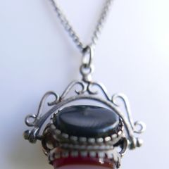 Victorian Sterling Silver 925 Triple Spinning Fob Pendant with  Chain (Onyx Agate Carnelian Spinning Fob) length 19" - 5g