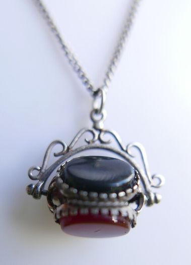 Victorian Sterling Silver 925 Triple Spinning Fob Pendant with  Chain (Onyx Agate Carnelian Spinning Fob) length 19" - 5g