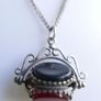 Victorian Sterling Silver 925 Triple Spinning Fob Pendant with  Chain (Onyx Agate Carnelian Spinning Fob) length 19" - 5g Image 7