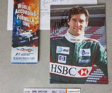 Hand signed Mark Weber Jaguar Racing photo and 2003 Australian Grand Prix Original Ticket