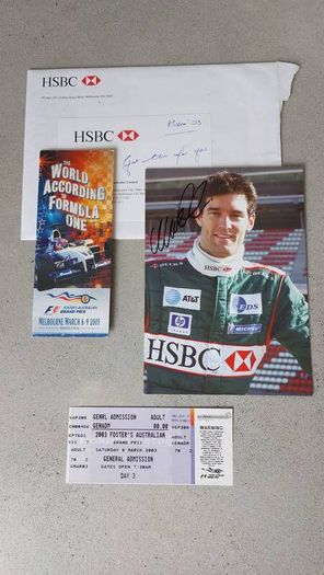 Hand signed Mark Weber Jaguar Racing photo and 2003 Australian Grand Prix Original Ticket