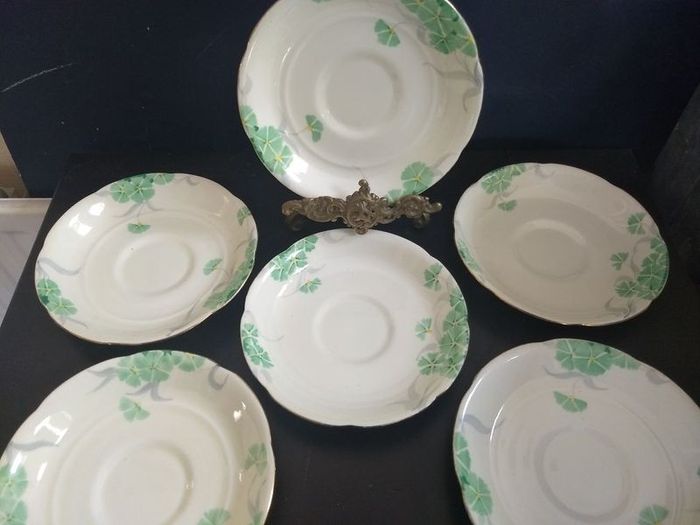 Lovely Set of Six Vintage English Bone China Hand Painted Saucers, (For Use as Petit Fours Plates), with Green Flowers on a Creamy Yellow Base Glaze.