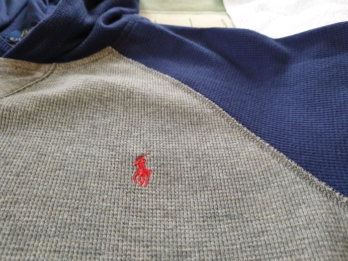 Ralph Lauren Boys Sweatshirt Gray Hoodie Navy Sleeves 10 to 12 Years Large
