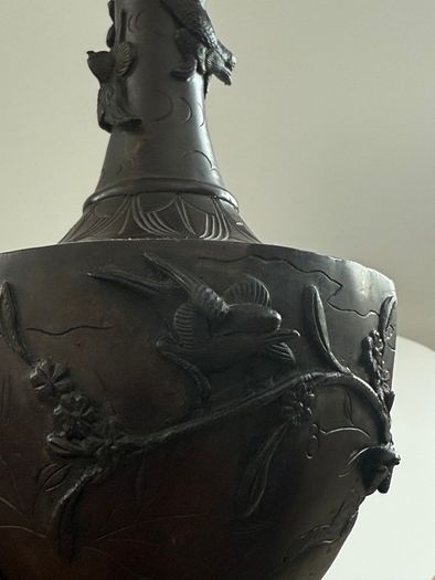 Antique Japanese Meiji Period Bronze Vase (High Relief Birds & Blossoms)  c.1890 to 1910