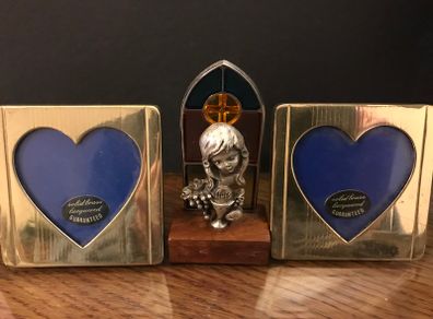 Two Brass Heart Shaped Frames + Statue of Child