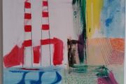 Original seascape Dublin painting of Poolbeg chimneys contemporary art