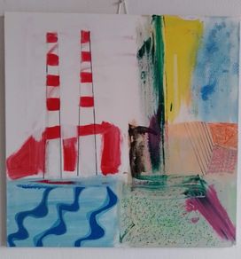 Original seascape Dublin painting of Poolbeg chimneys contemporary art