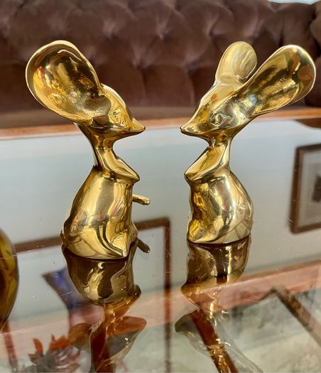 Two Vintage Stylised Big Eared Brass Mouse Figurines Brass Mice Ornaments 1970s