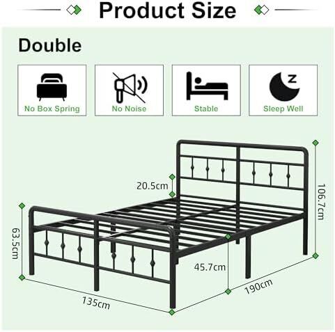 Double Bed Frame 4ft6 with Headboard and Footboard, Metal Bed Frame Double 46 cm High with Heavy Duty Slats Support, Noise Free, Easy Assembly, Black