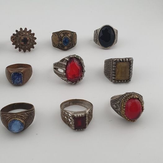 15 Antique Style Brass Rings Mixed Stone & Colourful Glass Accents