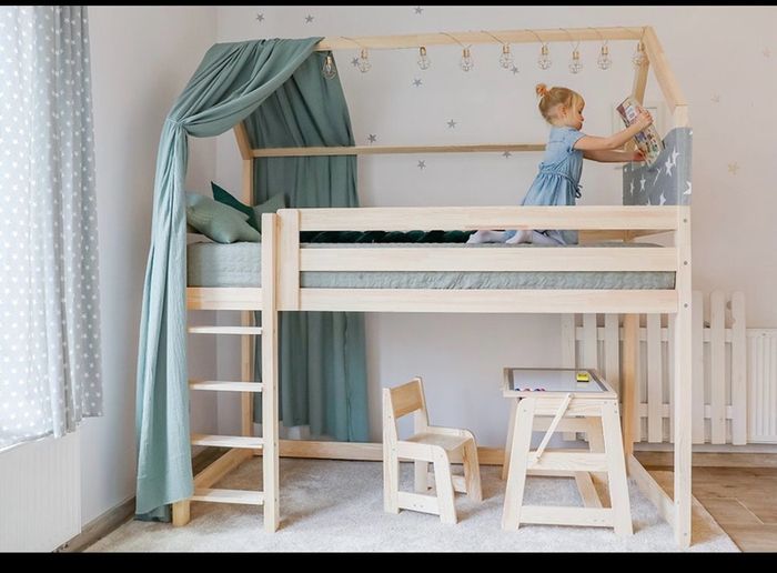 Mezzanine Kids Bed with mattress and canvas covers - like new