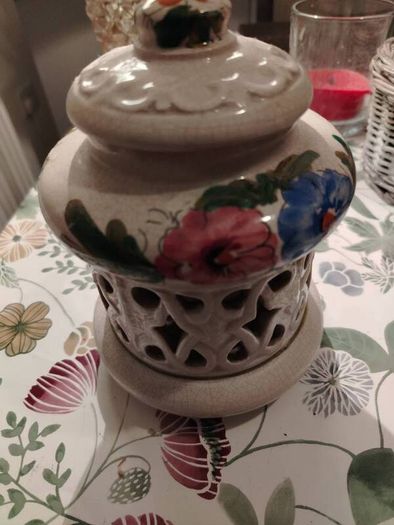 Vintage Hand Panted Cut Out lidded jar plus candle