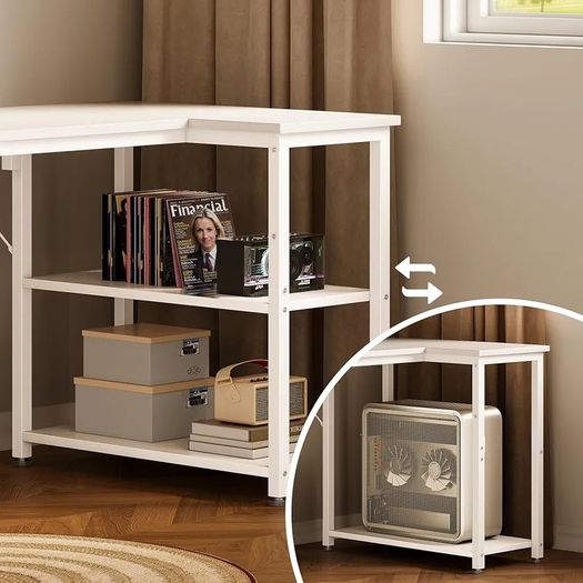 L Shaped Computer Desk, 100x70 cm Corner Desk, Office Desk with Reversible Storage Shelves, Writing Study Table for Work Play Home Office, White