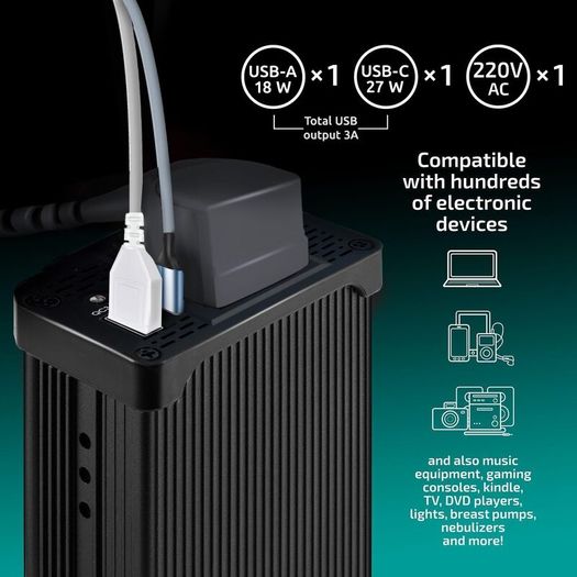 300W Car Power Inverter 12V to 240V / 230V Converter, USB-A and USB-C 3A Charging Ports - Charge Your Laptop, iPad, iPhone, Tablet, Consoles & More - Durable and Powerful - Black Aluminum Body