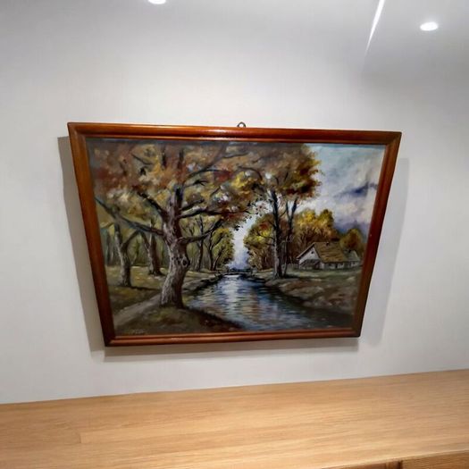Large old oil painting with cottage