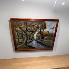 Large old oil painting with cottage