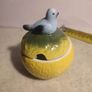 Vintage Anthropologie Porcelain Lemon Sugar Bowl Jam Pot Applied Bluebird Handle Image 6