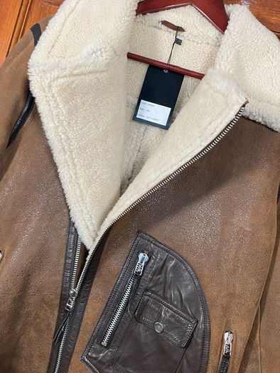 NEW Unisex Merino Wool Brown Retro REAL SHEEPSKIN Shearling Biker Leather Jacket Size S