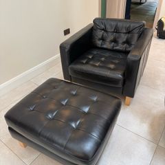 Black Leather Armchair and Matching Ottoman Footstool