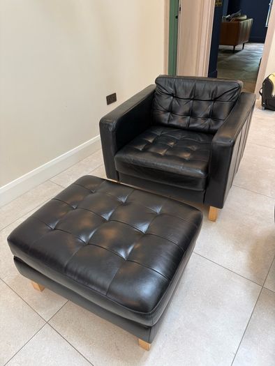 Black Leather Armchair and Matching Ottoman Footstool