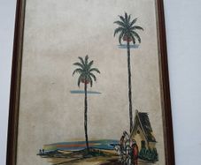 picture Mid-century illustration, watercolour or Ink depicting an oasis or desert landscape, possibly North African or Middle Eastern