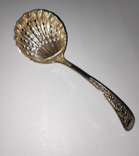 Antique Silver Plated Sugar Sifting Spoon with Pierced, Shell-shaped bowl