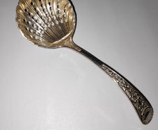 Antique Silver Plated Sugar Sifting Spoon with Pierced, Shell-shaped bowl