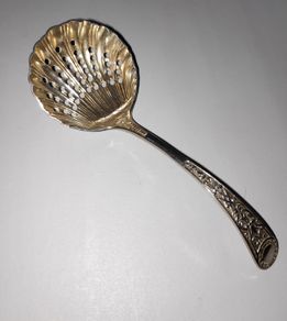 Antique Silver Plated Sugar Sifting Spoon with Pierced, Shell-shaped bowl