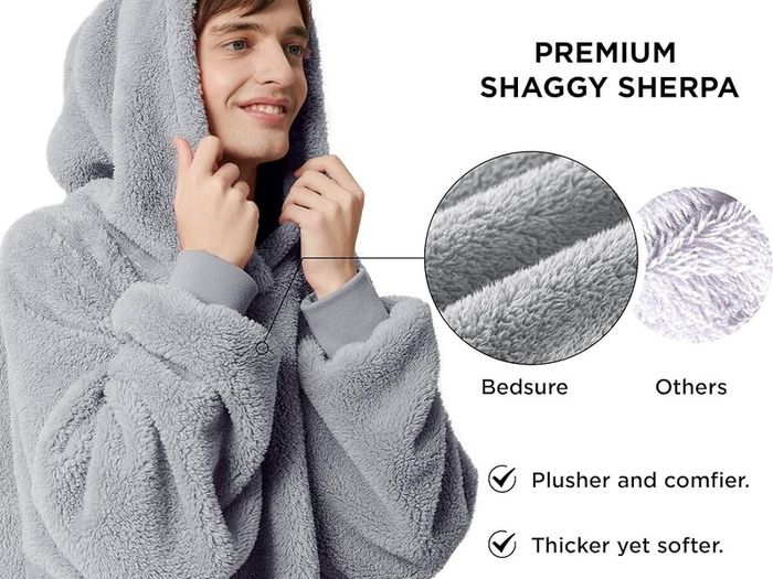 NEW SALE | Oversized Wearable Blanket Hoodie Men Women - Fluffy Fleece Hoodie Blanket for Adults, Warm Hooded Blanket as Gifts for Her, Grey, 107 x 90 cm